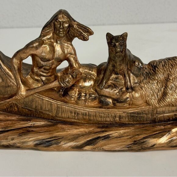 Vintage Handmade Ceramic Bisque Native American Indian Painted Canoe Figurine - Picture 2 of 9